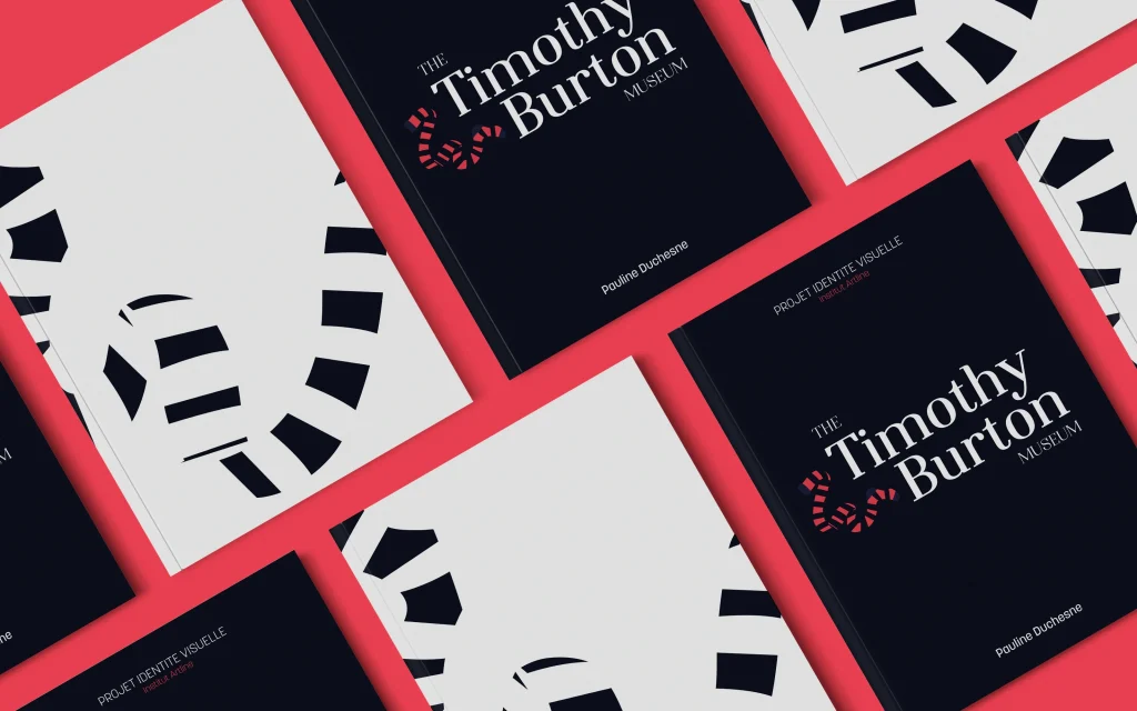travail d'une apprenant en deisgn graphique sur un projet d'identité visuelle pour le musée the timothy burton