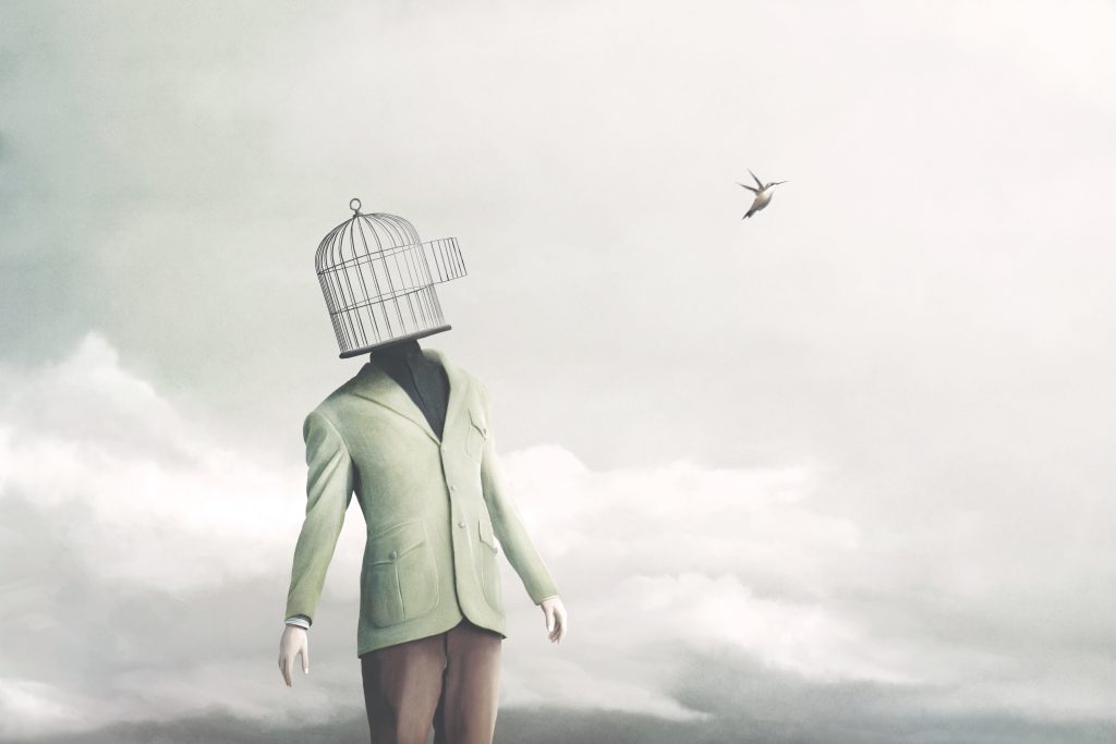 Illustration of open minded person meditating, surreal abstract