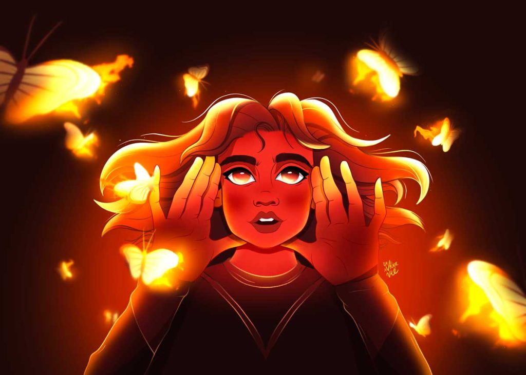 illustration d'un personnage entouré de papillons illuminés