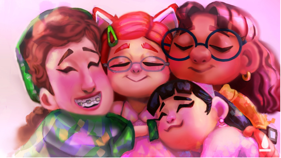 illustration de quatre personnages qui se prennent dans les bras