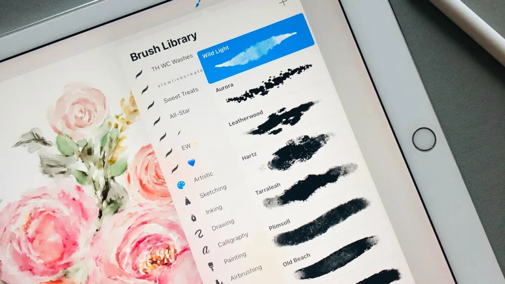 visuel d'un écran de sélection de pinceau sur procreate